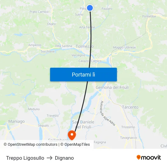 Treppo Ligosullo to Dignano map