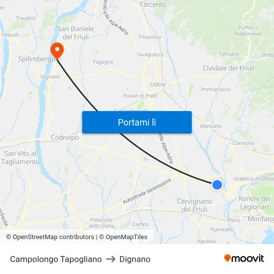 Campolongo Tapogliano to Dignano map