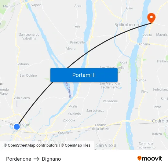 Pordenone to Dignano map