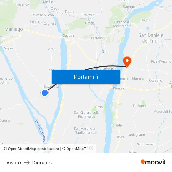 Vivaro to Dignano map