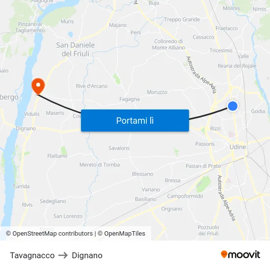 Tavagnacco to Dignano map