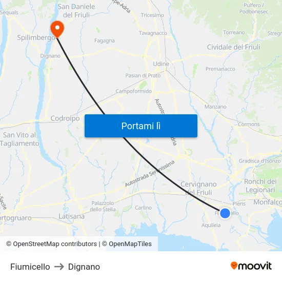 Fiumicello to Dignano map
