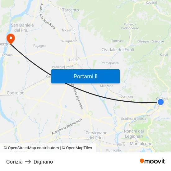 Gorizia to Dignano map