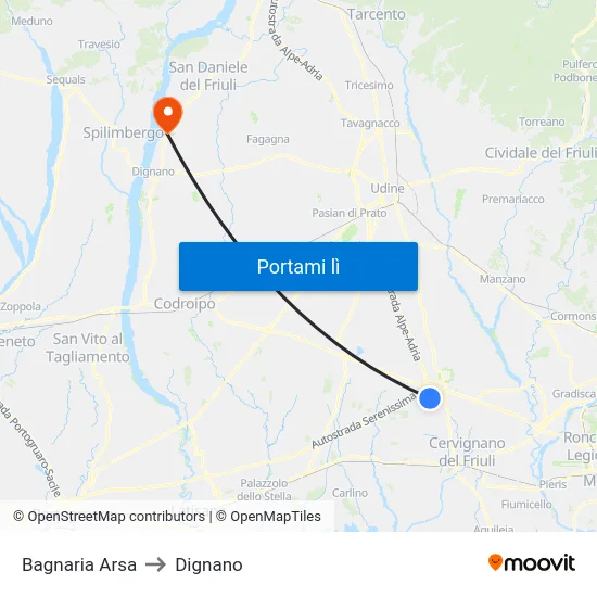 Bagnaria Arsa to Dignano map
