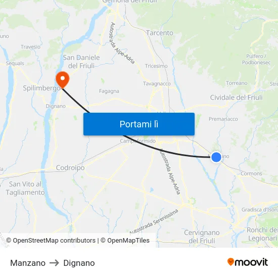 Manzano to Dignano map