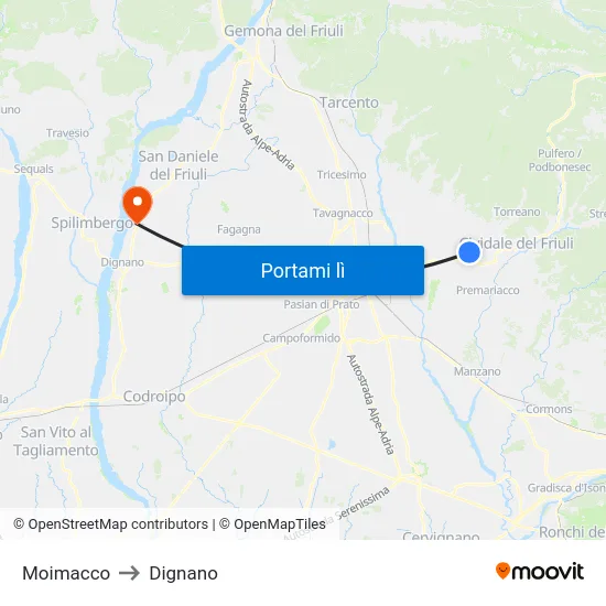 Moimacco to Dignano map