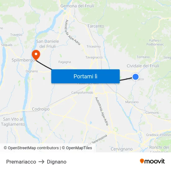 Premariacco to Dignano map