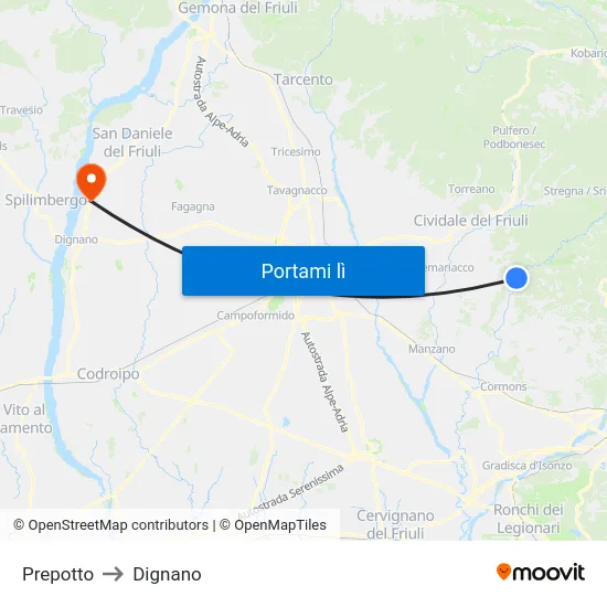 Prepotto to Dignano map