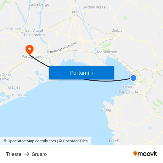 Trieste to Gruaro map
