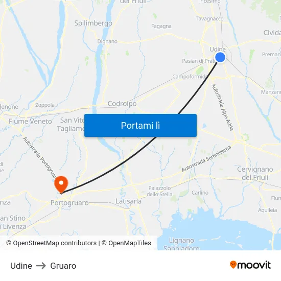Udine to Gruaro map