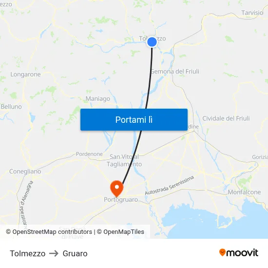 Tolmezzo to Gruaro map