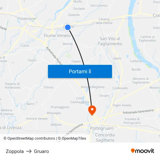 Zoppola to Gruaro map