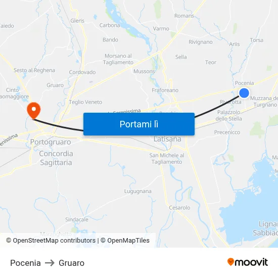 Pocenia to Gruaro map