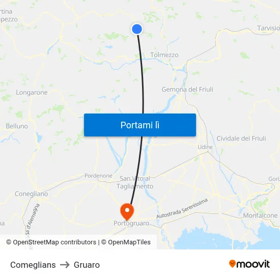 Comeglians to Gruaro map
