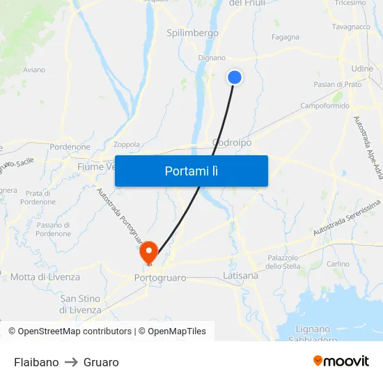 Flaibano to Gruaro map