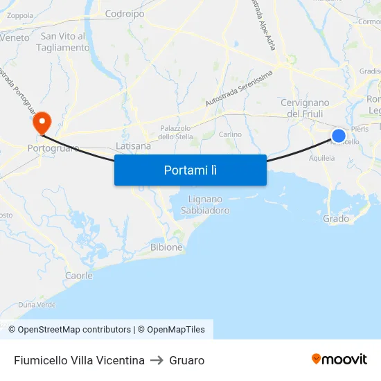 Fiumicello Villa Vicentina to Gruaro map