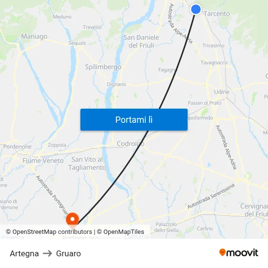 Artegna to Gruaro map