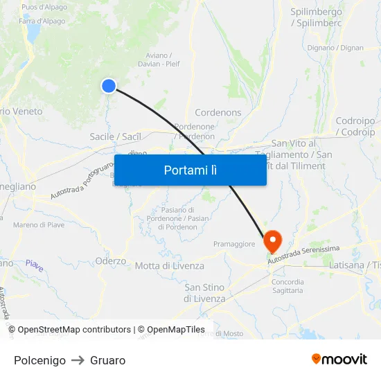 Polcenigo to Gruaro map