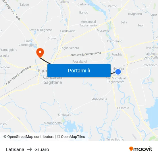 Latisana to Gruaro map