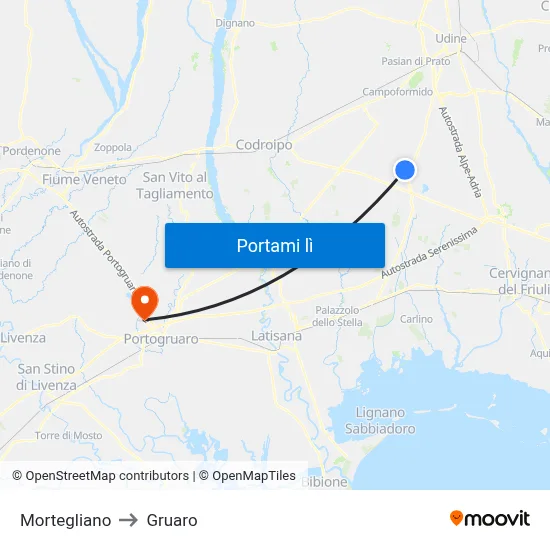 Mortegliano to Gruaro map