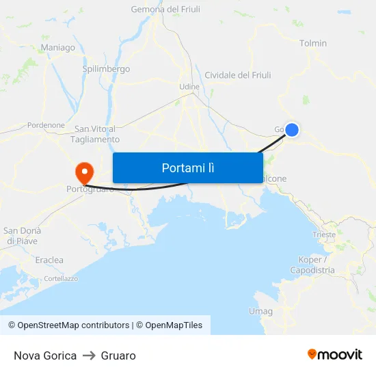 Nova Gorica to Gruaro map