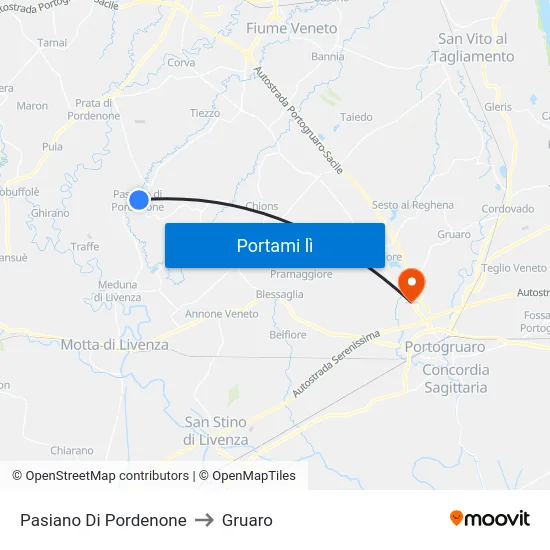 Pasiano Di Pordenone to Gruaro map