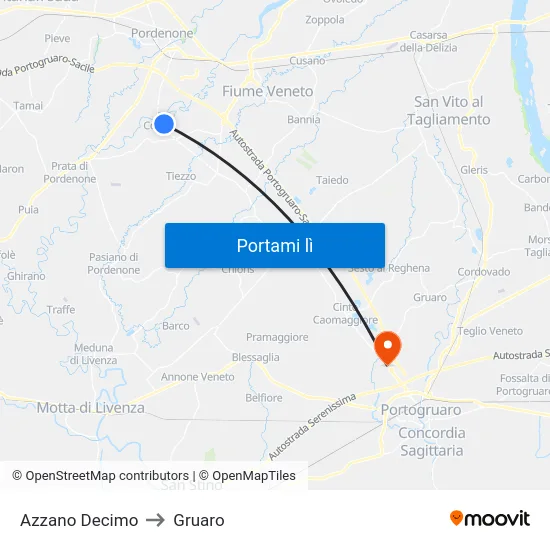 Azzano Decimo to Gruaro map