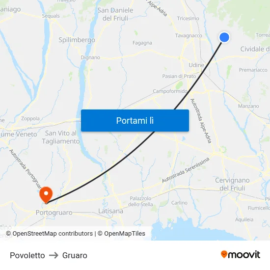 Povoletto to Gruaro map