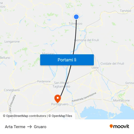 Arta Terme to Gruaro map
