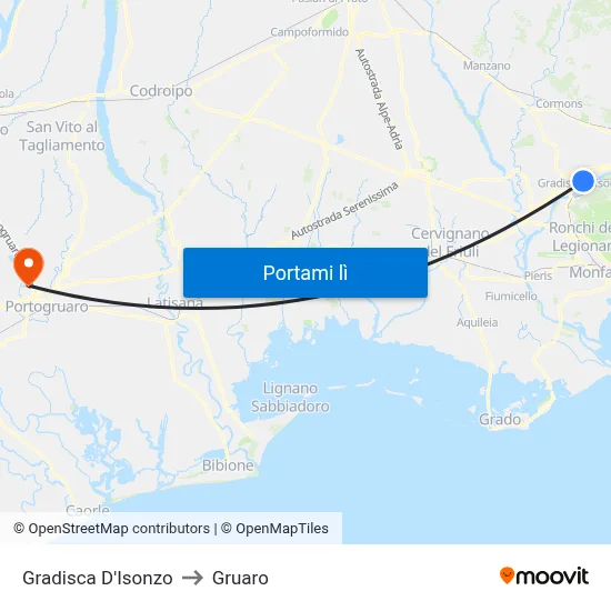 Gradisca D'Isonzo to Gruaro map