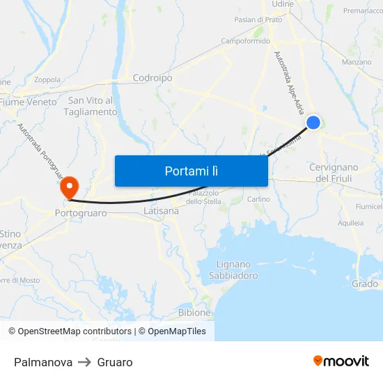 Palmanova to Gruaro map