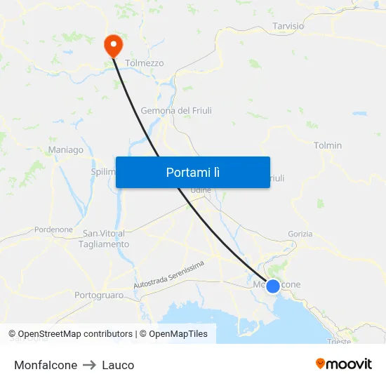 Monfalcone to Lauco map