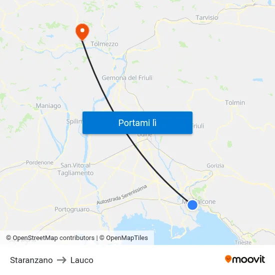 Staranzano to Lauco map