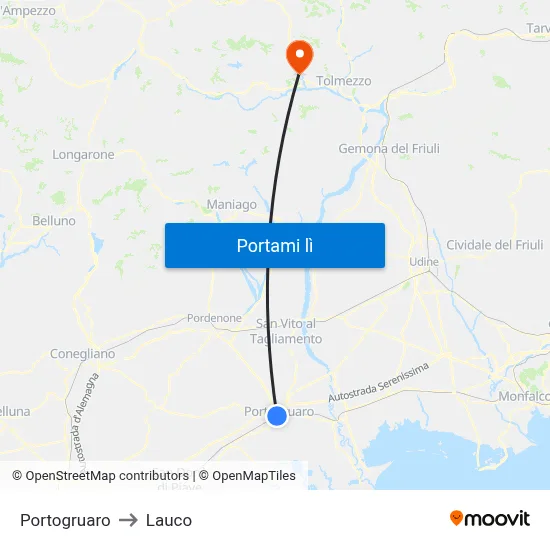 Portogruaro to Lauco map