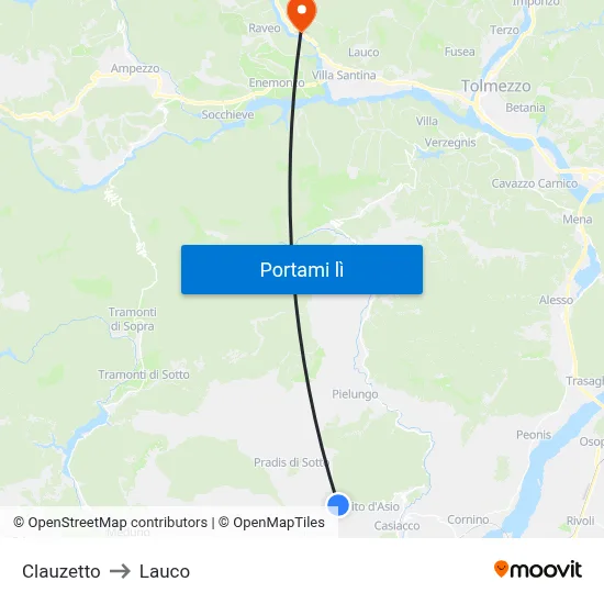 Clauzetto to Lauco map