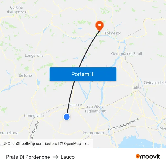 Prata Di Pordenone to Lauco map