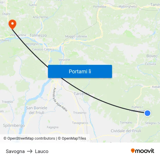 Savogna to Lauco map