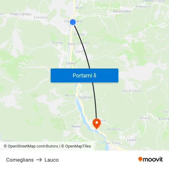 Comeglians to Lauco map