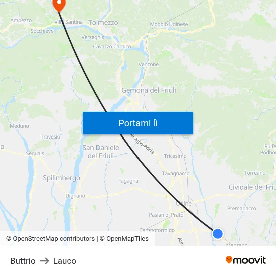 Buttrio to Lauco map