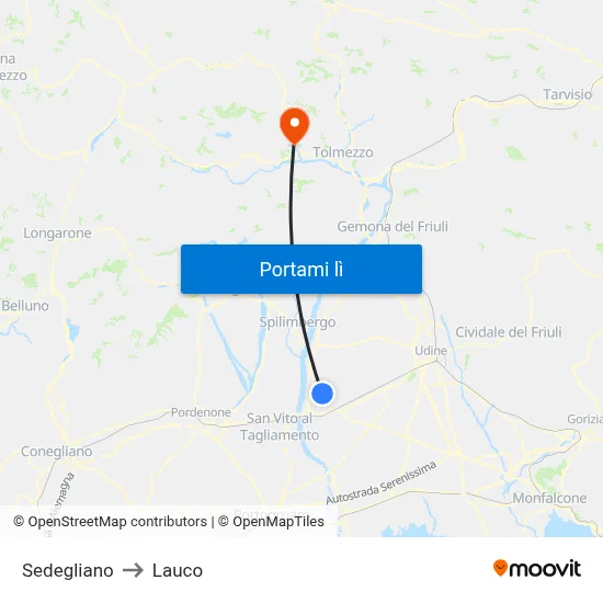 Sedegliano to Lauco map