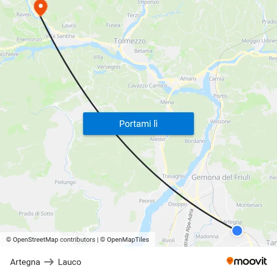 Artegna to Lauco map