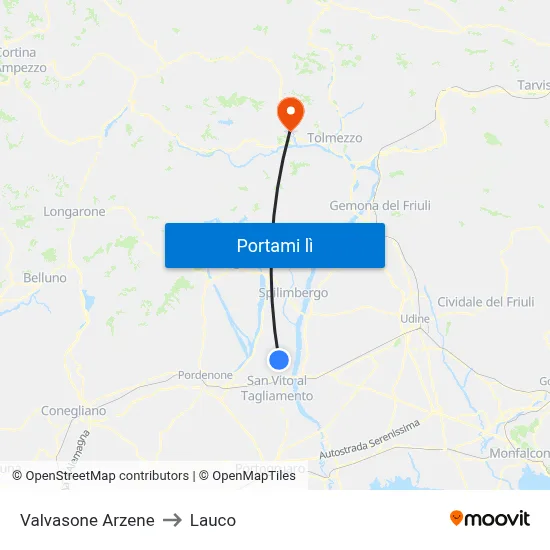 Valvasone Arzene to Lauco map