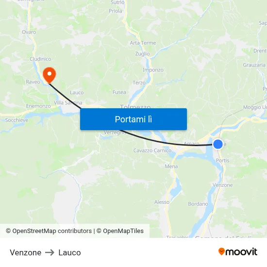 Venzone to Lauco map