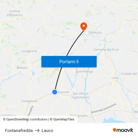 Fontanafredda to Lauco map