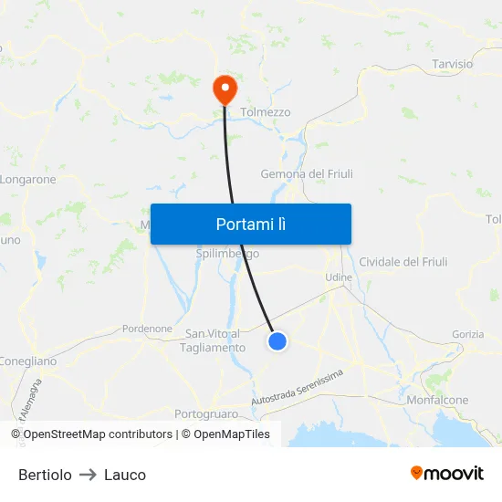 Bertiolo to Lauco map