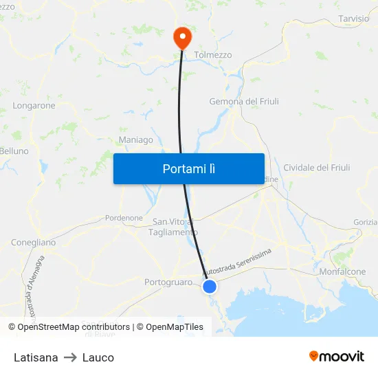 Latisana to Lauco map
