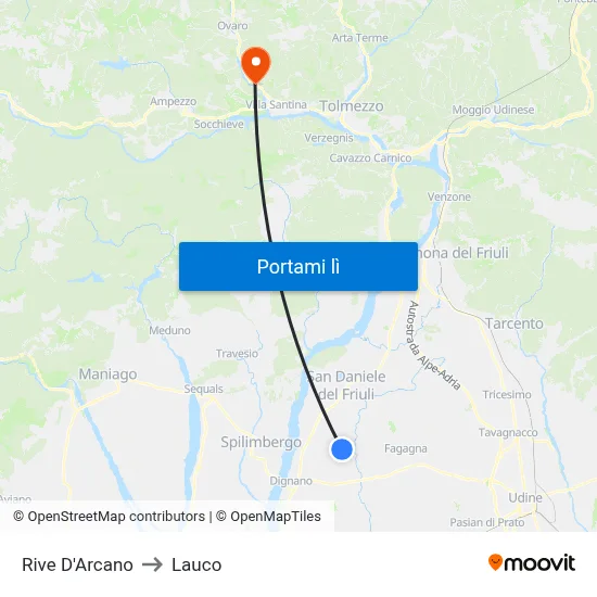 Rive D'Arcano to Lauco map