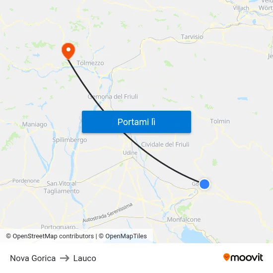 Nova Gorica to Lauco map