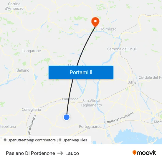 Pasiano Di Pordenone to Lauco map