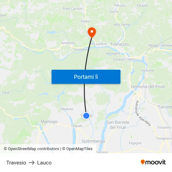 Travesio to Lauco map